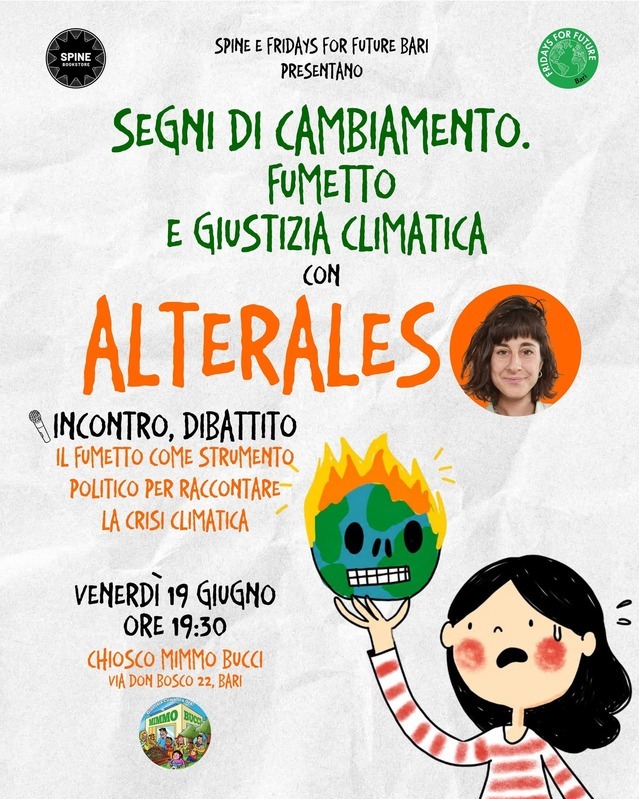 Locandina di Segni di cambiamento. Fumetto e giustizia climatica con ALTERALES e Fridays For Future Bari