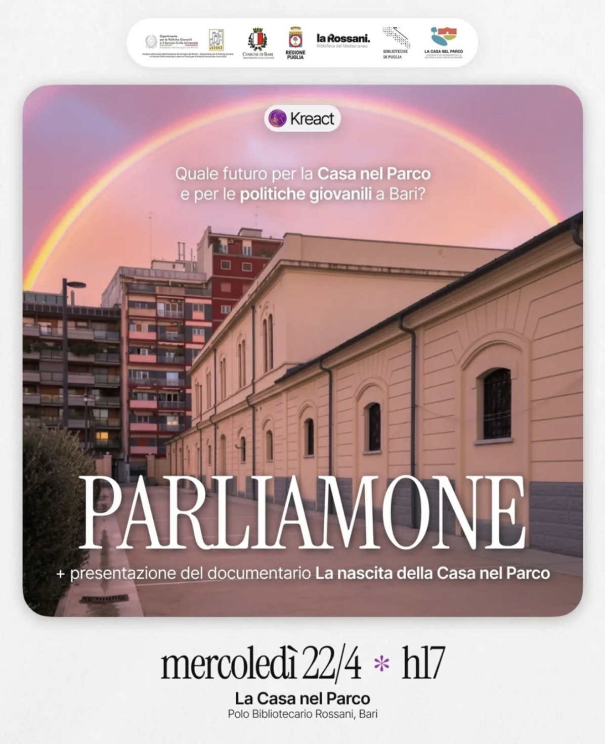 Locandina di Parliamone + Proiezione del documentario La nascita della Casa nel Parco