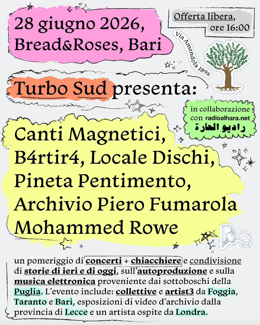 Locandina di Turbo Sud presenta: Canti Magnetici, B4rtir4, Locale Dischi, Pineta Pentimento, Archivio Piero Fumarola, Mohammed Rowe